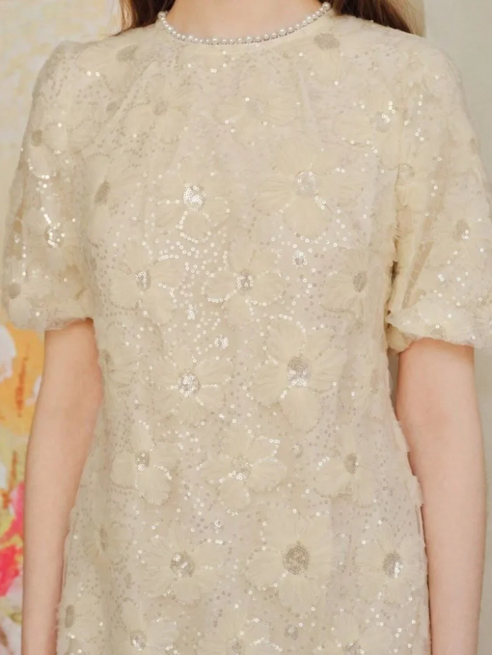 Cream Sequin Floral Applique Mini Dress with Puff Sleeves